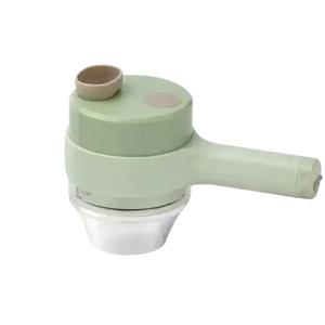 Handheld rechargeable chopper with green handle and clear container on white background