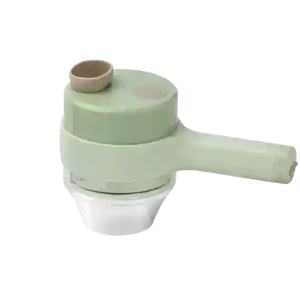Handheld rechargeable chopper with green handle and clear container on white background