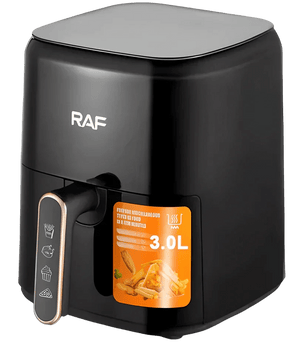Black RAF 3.0L air fryer with orange label and food icons on handle, isolated background