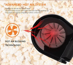 Popcorn maker with advanced hot air system and hot air blowing technology diagram.