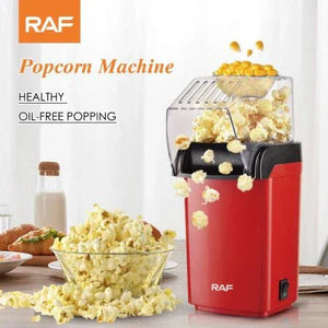 RAF red popcorn machine making oil-free popcorn, glass bowl of popcorn on kitchen table