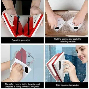 Magnetic glass window cleaner red tool used in steps for cleaning windows, modern background