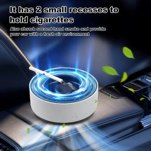 Car air purifier and ashtray with blue light holding a cigarette on a car seat