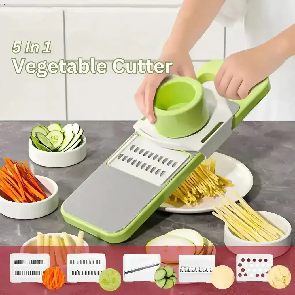 5 in 1 vegetable cutter slicing assorted vegetables on kitchen counter, multiple blade options shown
