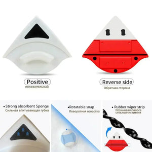 Double-sided magnetic window cleaner, white and red design, with sponge and rubber wiper strip features.