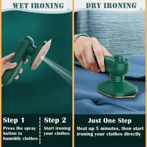 Green handheld portable iron used for wet and dry ironing on clothes, with usage steps shown.