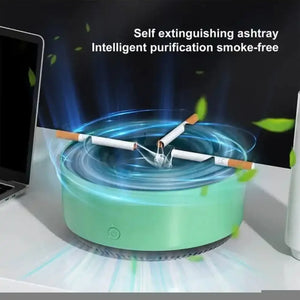 Self-extinguishing smart ashtray with three cigarettes and smoke purification features on a desk