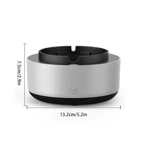 Modern round automatic pet feeder with power button, 13.2cm wide, 7.5cm high, on white background.