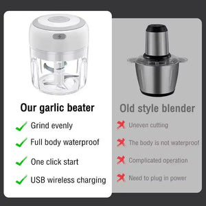 Garlic beater vs old style blender comparison, portable USB garlic chopper, waterproof design