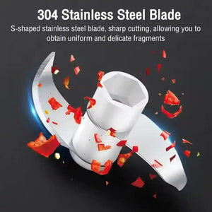 304 stainless steel S-shaped blade chopping red vegetables on black background