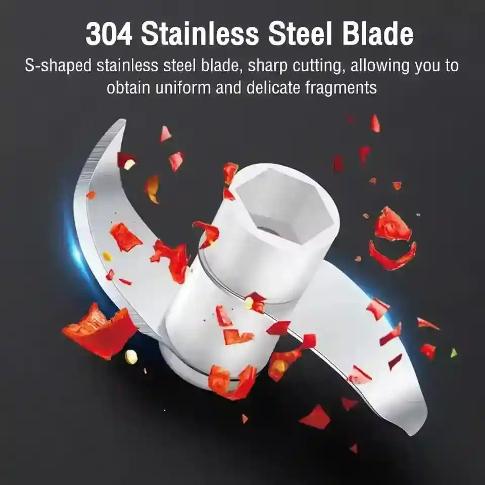 304 stainless steel S-shaped blade chopping red vegetables on black background