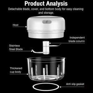 Electric food chopper parts diagram showing host, stainless steel blade, cup body, and gasket.