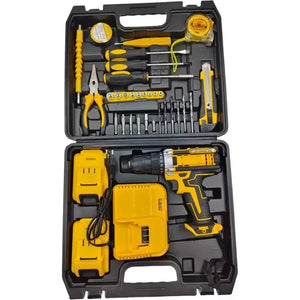 Yellow and black cordless drill toolkit with bits, screwdrivers, pliers, and tape measure in case