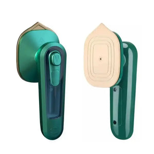 Green and gold handheld mini steam iron with transparent water tank, modern design
