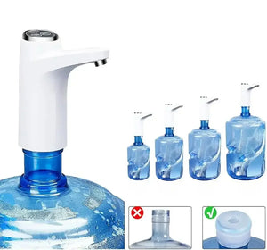 Electric water dispenser pump on large blue water jug, compatible cap types shown.