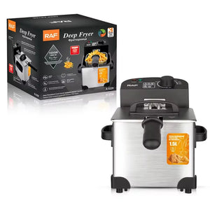 RAF deep fryer 1.5L stainless steel with black lid, shown with packaging box