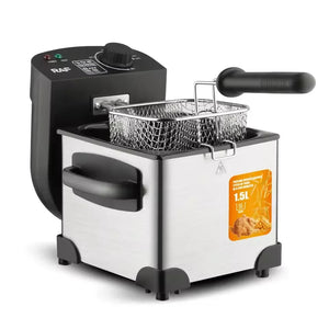 RAF stainless steel deep fryer with basket, black handle, temperature control, 1.5L capacity