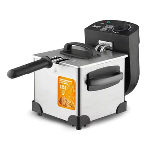 Stainless steel electric deep fryer 1.5L with black handle and control panel, kitchen appliance