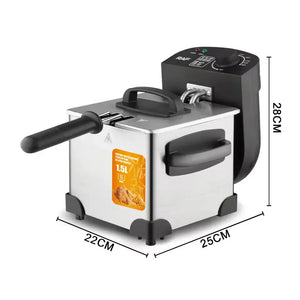 1.5L stainless steel electric deep fryer with basket and size measurements 22x25x28cm