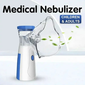 Portable medical nebulizer for children and adults with leaf elements, blue and white design.