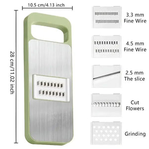 Multi-function vegetable slicer with five interchangeable blades and size measurements