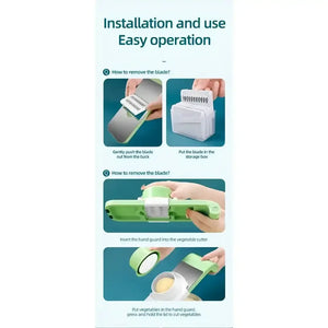 Vegetable cutter installation and blade removal instructions with step-by-step images