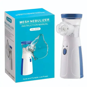 Kids mesh nebulizer with blue and white body and box showing product and mask