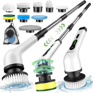 Electric spin scrubber cleaning kit with multiple brush heads and extension handle