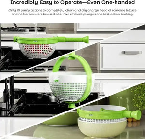 Green and white vegetable strainer drainer in kitchen, cleaning and drying lettuce greens