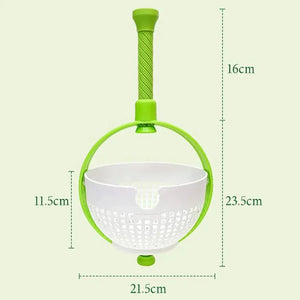 Green and white vegetable strainer drainer basket with handle, product dimensions shown