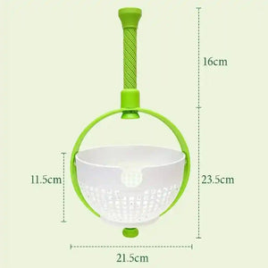 Green and white vegetable strainer drainer basket with handle, product dimensions shown