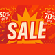 Red sale banner with large sale text, 50% off and up to 70% off discount offers
