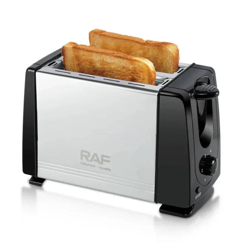 RAF stainless steel toaster with two slices of toasted bread, adjustable dial, and stop button
