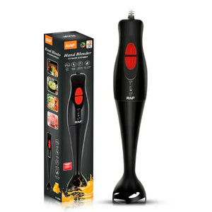 RAF hand blender in black with red buttons next to branded packaging box