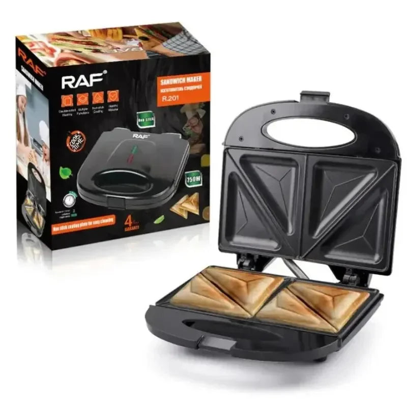 RAF sandwich maker with box, toasting two triangle sandwiches, black kitchen appliance