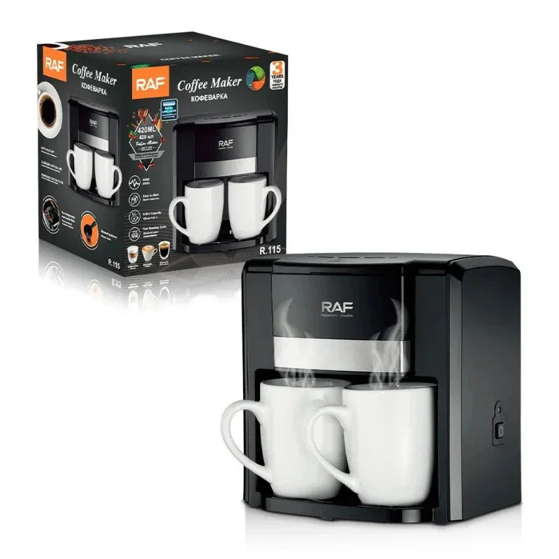 RAF coffee maker with two white mugs and product box on a white background
