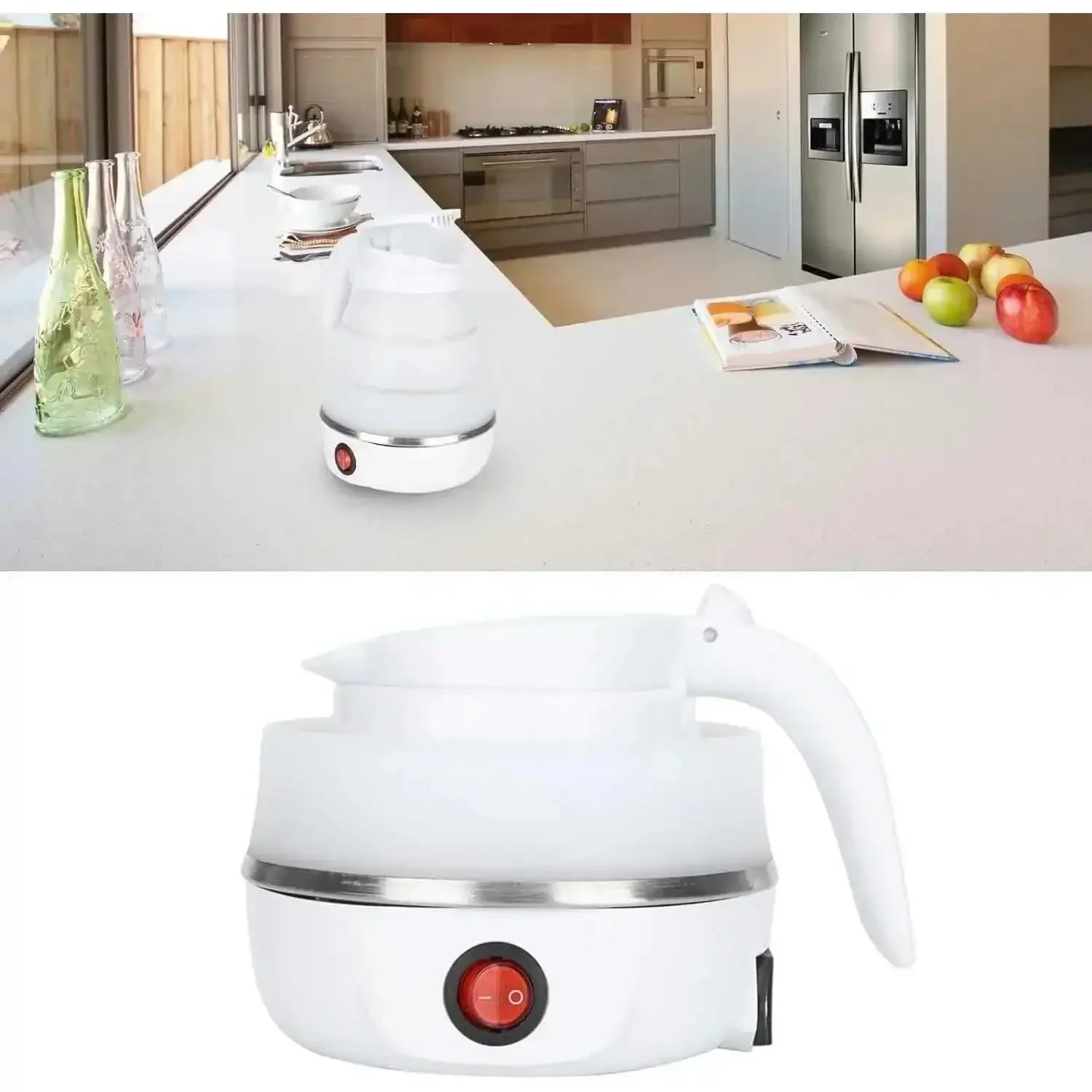 Collapsible electric kettle on modern kitchen counter with fruits and glass bottles