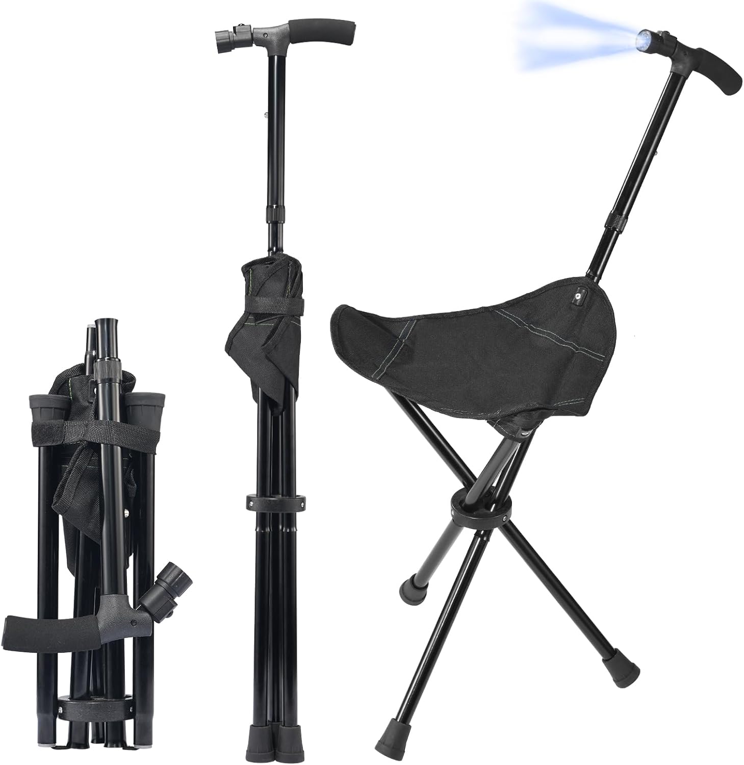 Foldable Cane with Built-In Seat, LED Light, Adjustable Height Support