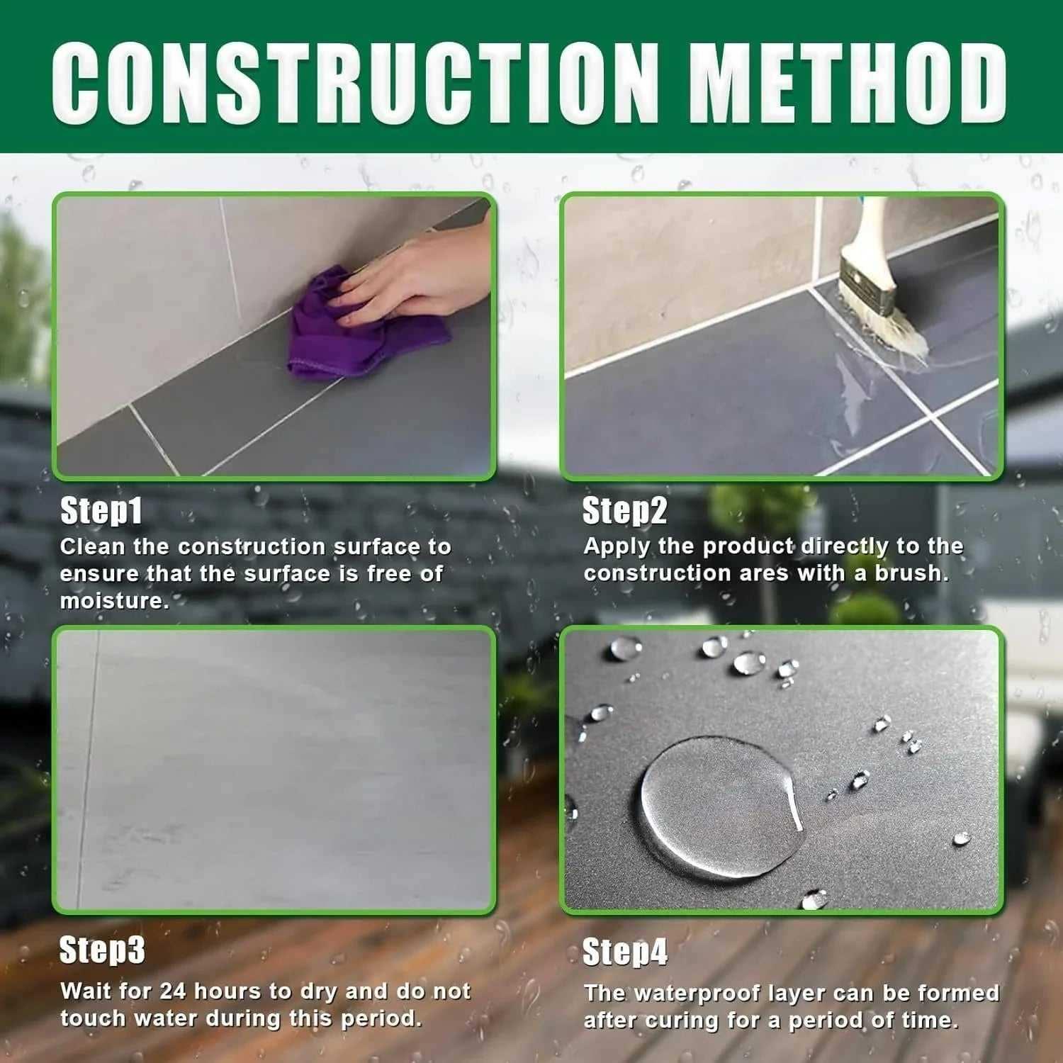 Tile waterproofing construction steps with cleaning, brushing, drying, and water-repellent result.