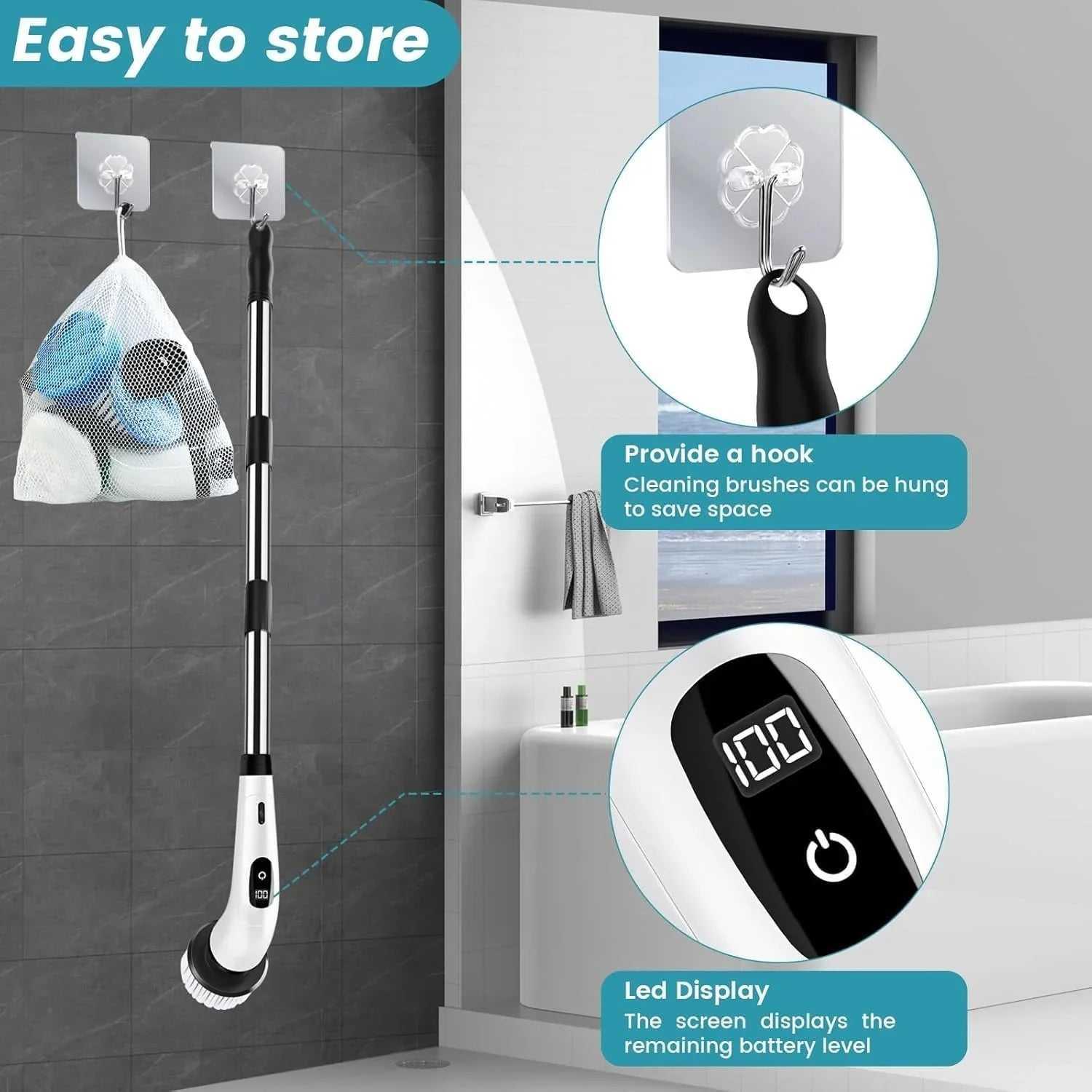 Electric spin scrubber with LED display hanging on bathroom wall hook, storage bag visible.