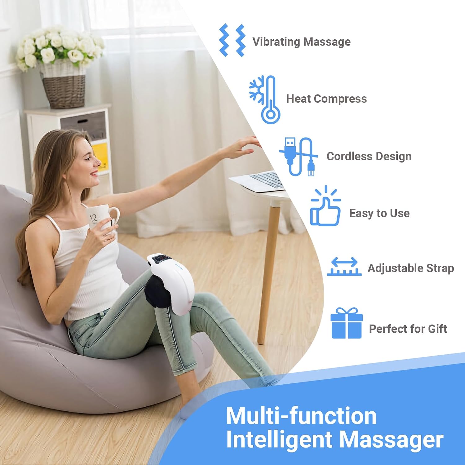 Woman using cordless knee massager – multi-function heat and vibration