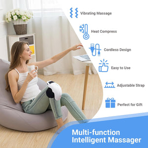 Woman using cordless knee massager – multi-function heat and vibration