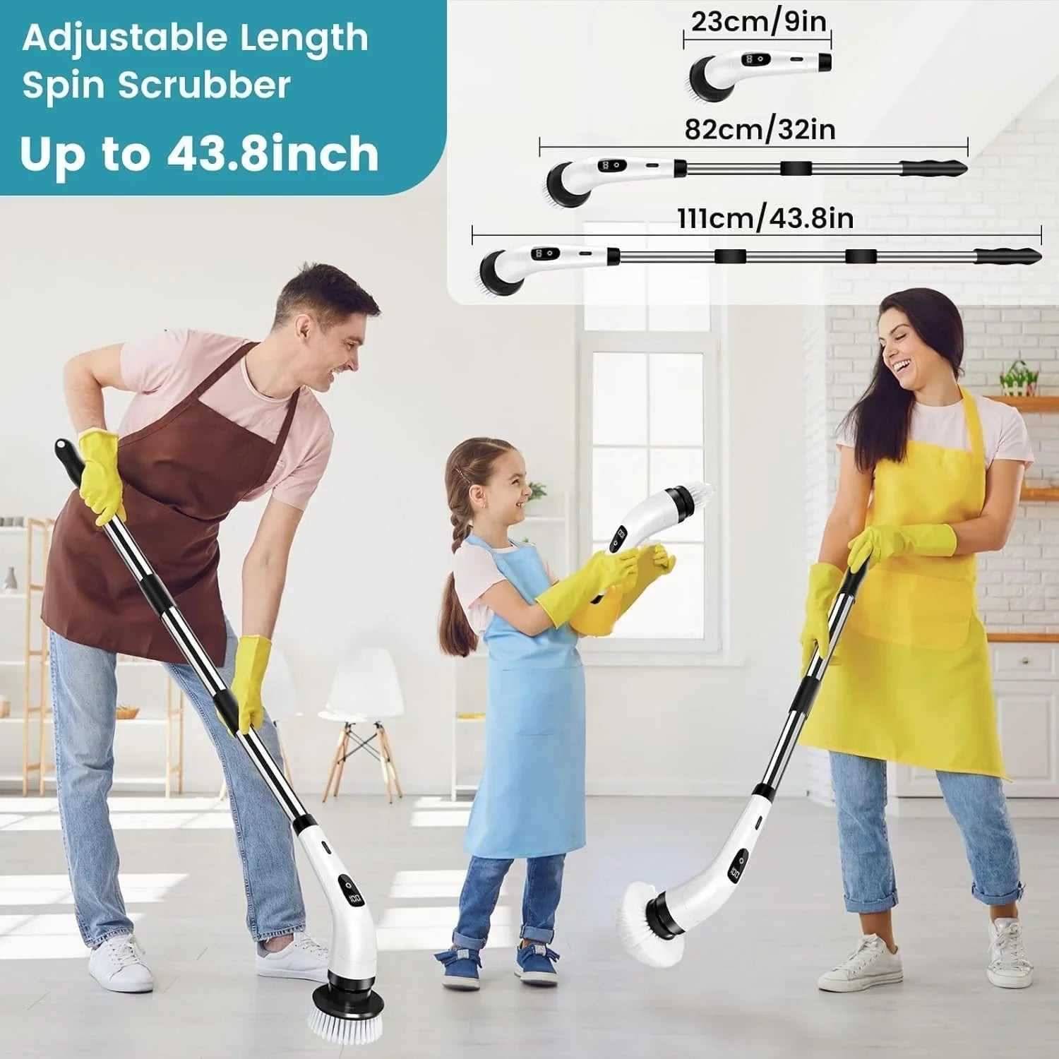 Family using adjustable length spin scrubber with detachable heads for home cleaning