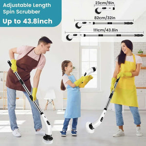 Family using adjustable length spin scrubber with detachable heads for home cleaning