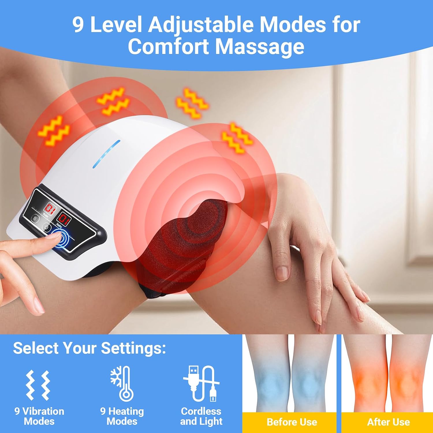 Knee massager with 9 heat and 9 vibration levels, before and after use