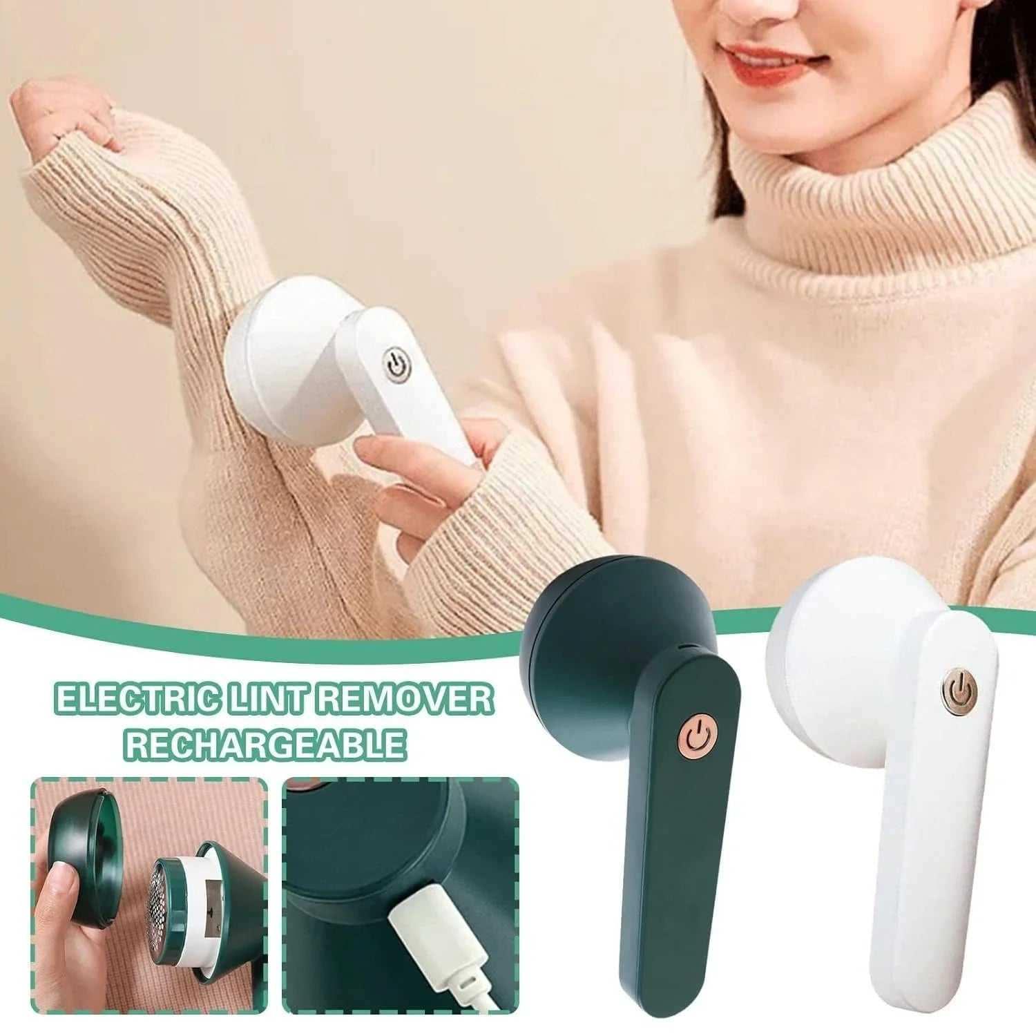 Woman using rechargeable electric lint remover on beige sweater, close-up product images shown.