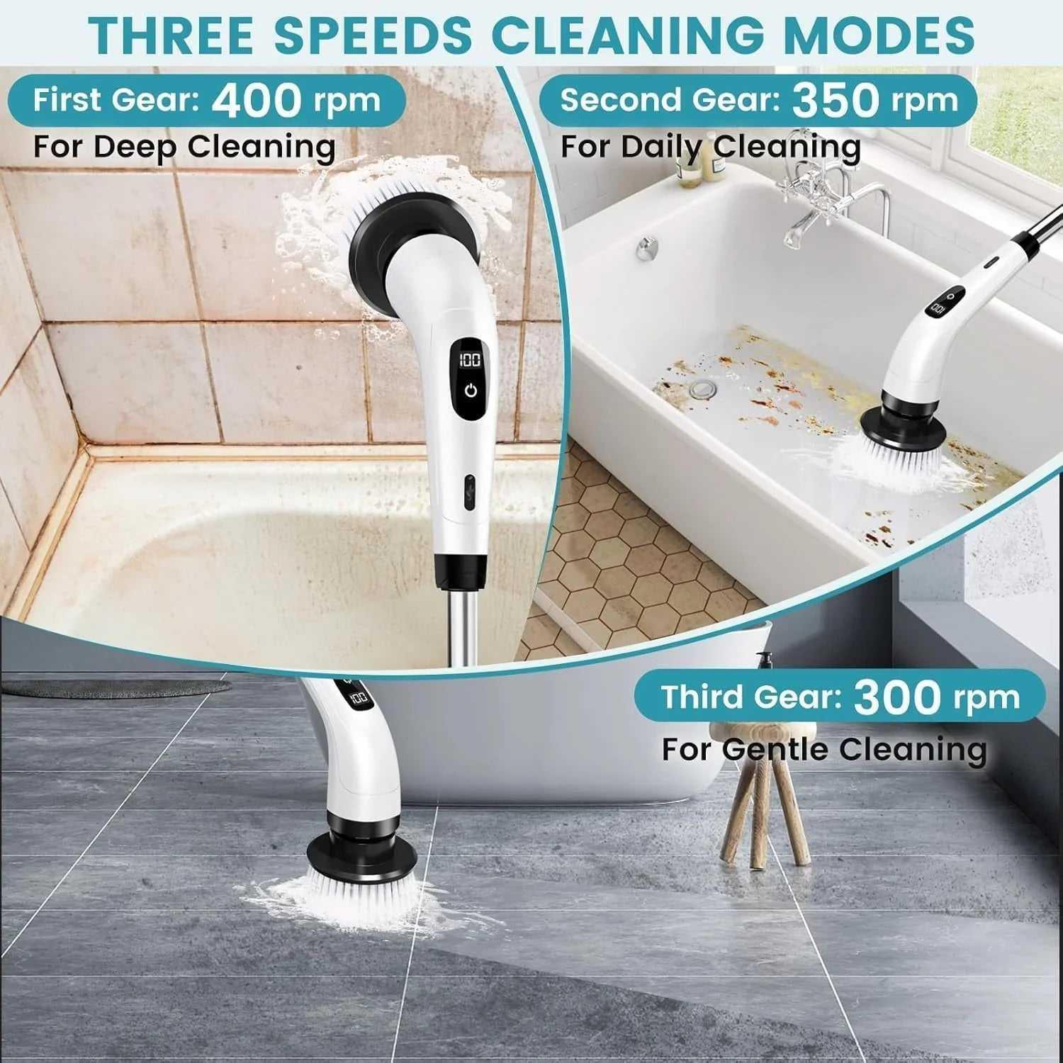 Electric spin scrubber with three speed modes cleaning bathtub, tiles, and floor.