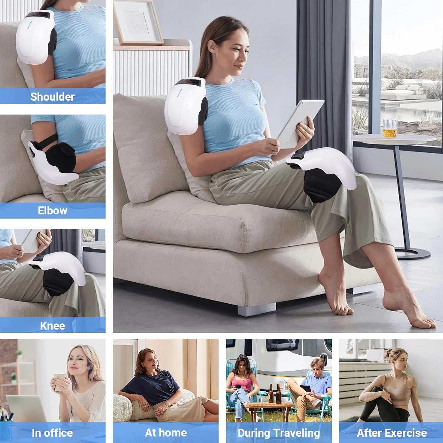 Knee massager used on knee, shoulder and elbow at home, office and travel