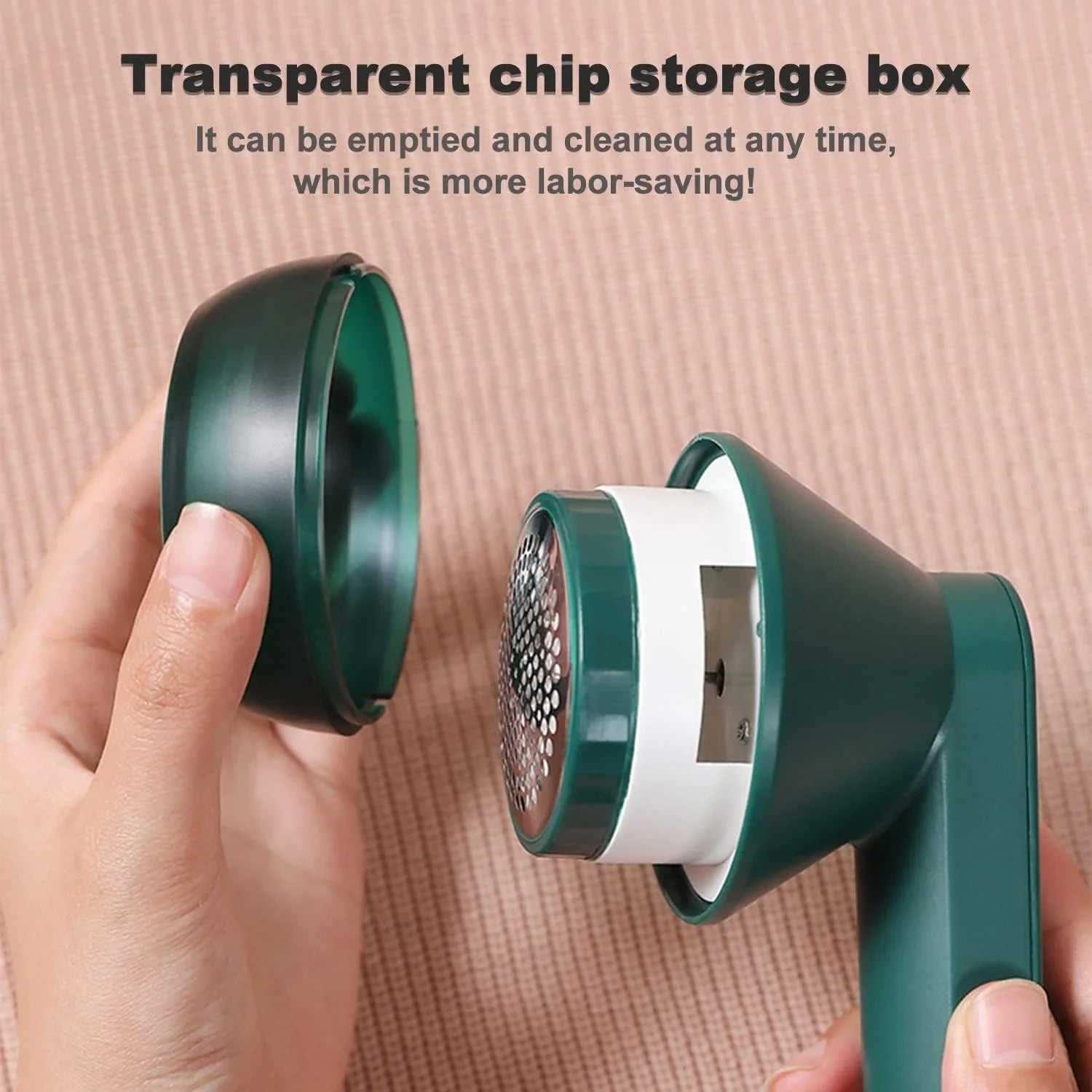 Handheld fabric shaver with removable transparent chip storage box, green color.