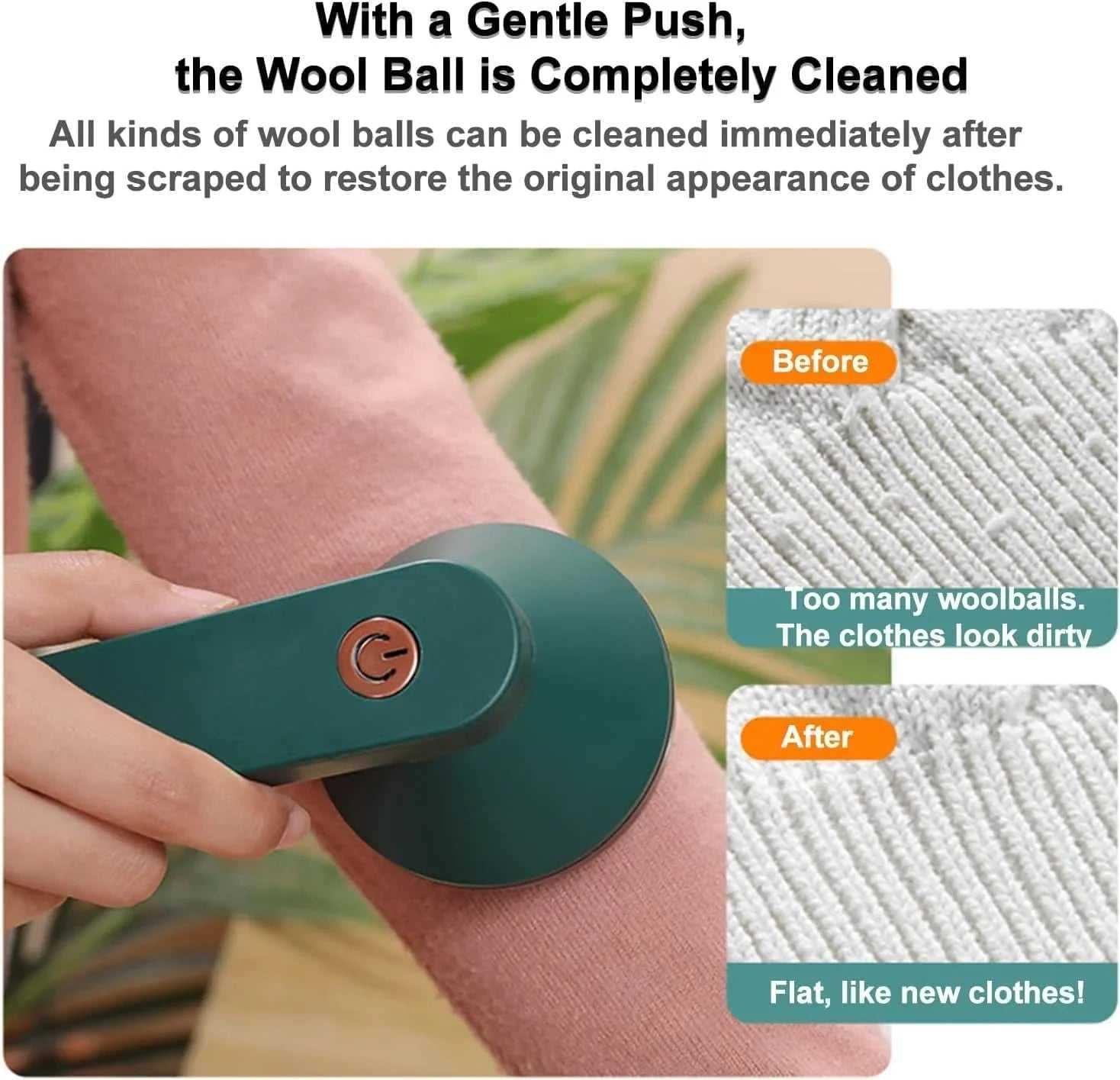 Electric lint remover cleaning wool balls from a pink sweater, before and after fabric care results.